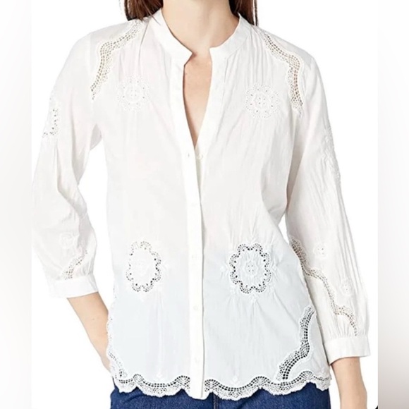 Johnny Was NURA eyelet peasant button down blouse size L white - Picture 3 of 7